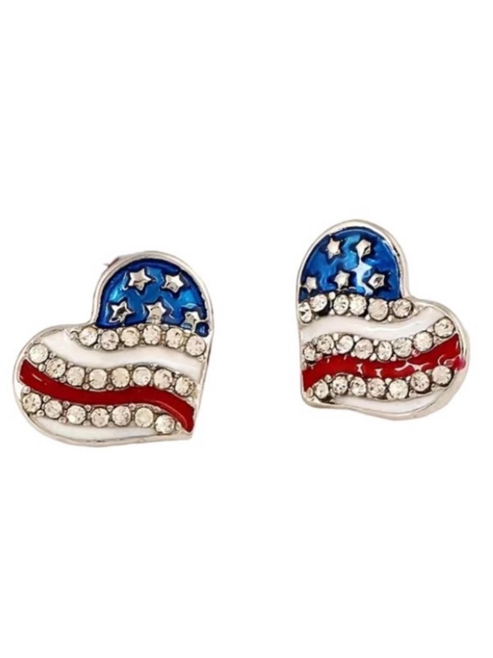 Patriotic Heart Red White & Blue Enamel & Crystal Silver Toned Stud Earrings